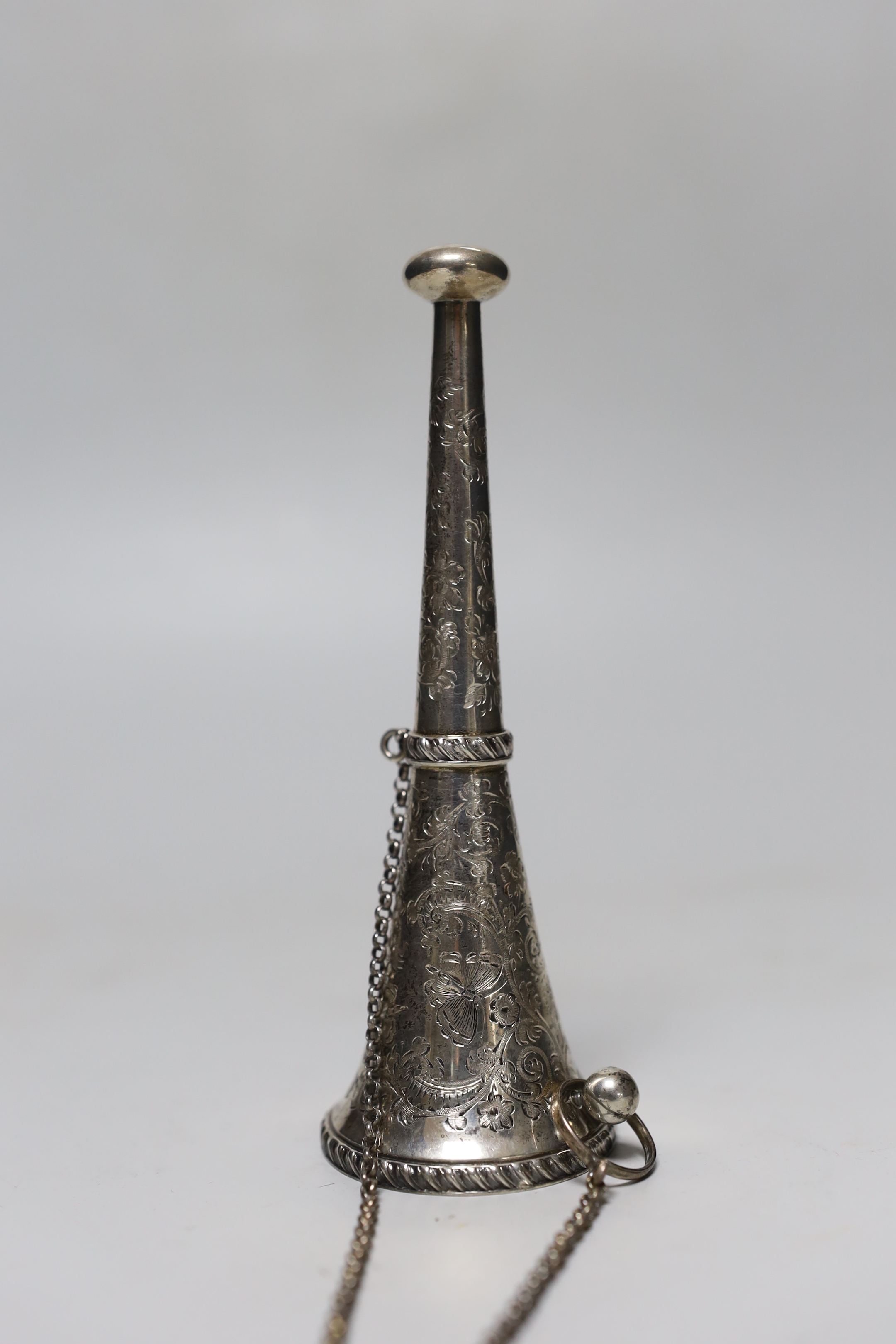A late Victorian chased silver posy holder, by George Unite, Birmingham, 1899, with later engraved inscription, 14.1cm.